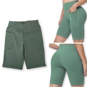 Runhit Women's Size XS Green High Waist Workout Biker Shorts with Pockets